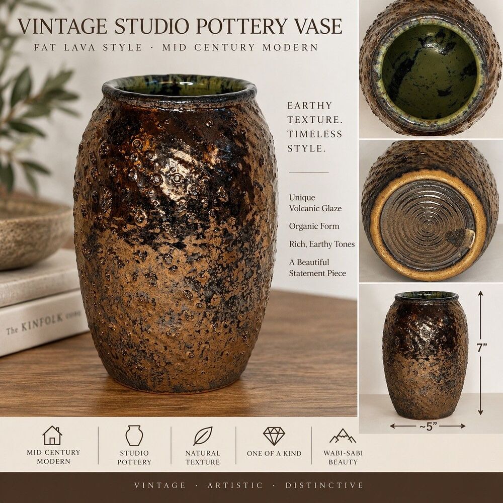 Vintage Studio Art Pottery Vase Fat Lava Volcanic Glaze Brown Green MCM 7”